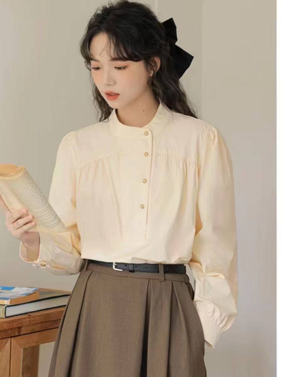 스탠드 칼라 셔츠 2026 봄 셔츠 새로운 표지 고기 슬림해 보이는 디자인 루즈핏 레트로 프랑스식 캐주얼 긴팔 맨위 상세 이미지 6