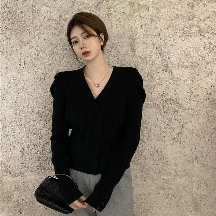 니트 스웨터 가을 새로운 여성 의류 얇은 스타일 스웨터 코트 쇼트 스타일 몸매 가꾸기 슬림해 보이는 다용도 거품 소매 니트 오픈 가디건 상세 이미지 6