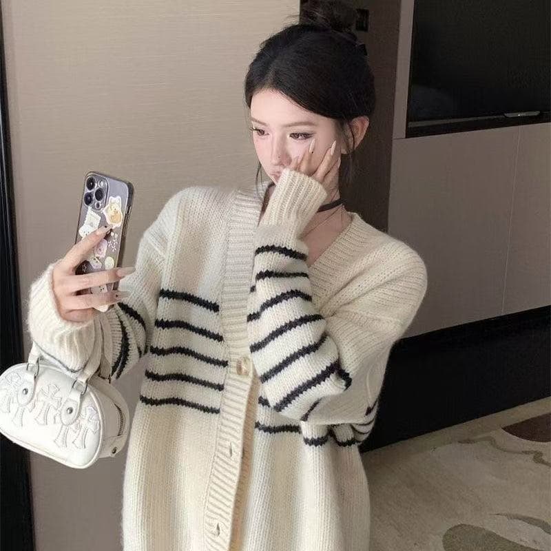 오픈 가디건 스트라이프 느긋한 니트 스웨터 가을 봄 가을 재킷 작은 키 학원 루즈핏 맨위 한 부서 새로운 상세 이미지 2