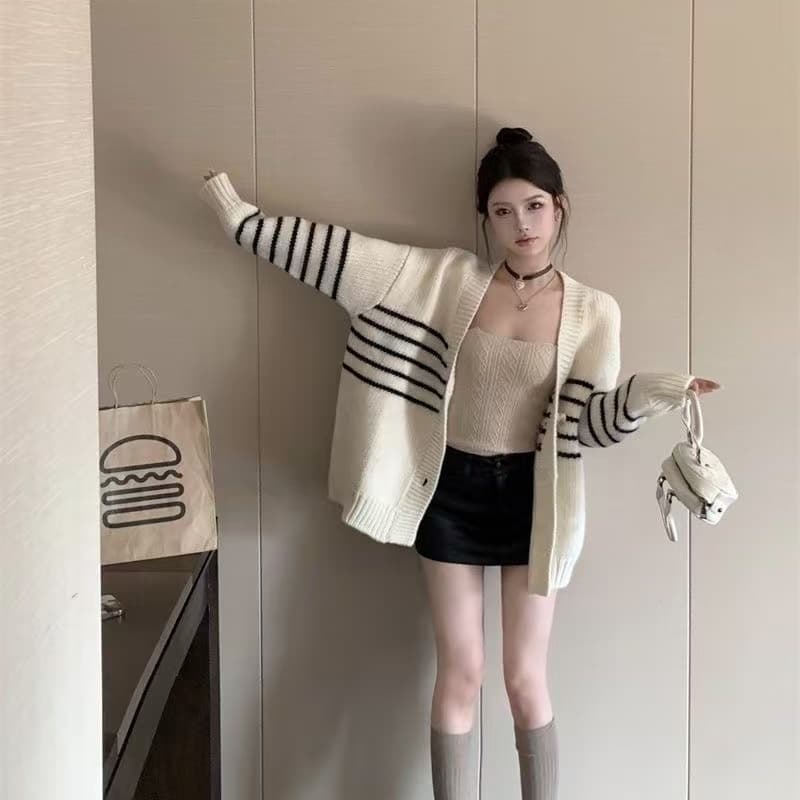 오픈 가디건 스트라이프 느긋한 니트 스웨터 가을 봄 가을 재킷 작은 키 학원 루즈핏 맨위 한 부서 새로운 상세 이미지 7