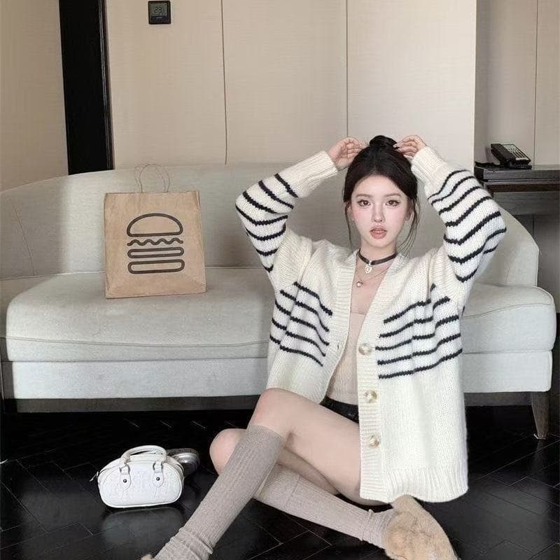 오픈 가디건 스트라이프 느긋한 니트 스웨터 가을 봄 가을 재킷 작은 키 학원 루즈핏 맨위 한 부서 새로운 상세 이미지 10