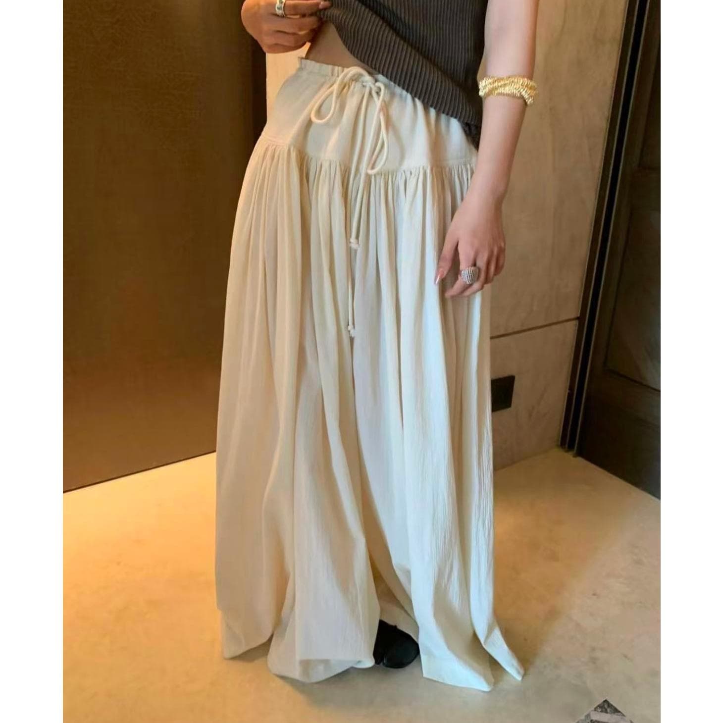 얇고 가벼운 호흡 센스 큰 진자 금액 펌프 로프 핀치 Pleat 넓은 다리 치마바지 캐주얼 바지 이미지 2