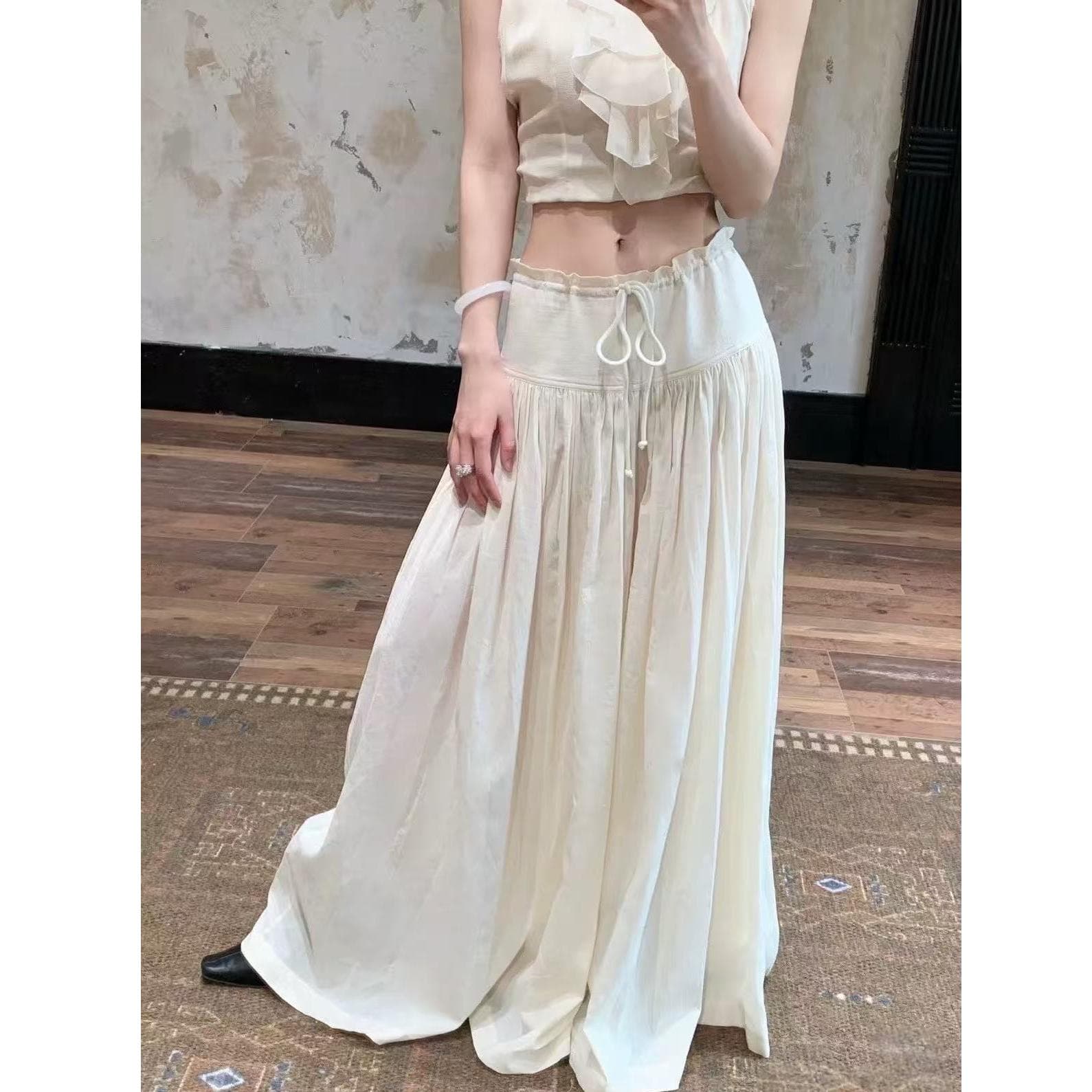 얇고 가벼운 호흡 센스 큰 진자 금액 펌프 로프 핀치 Pleat 넓은 다리 치마바지 캐주얼 바지 상세 이미지 4
