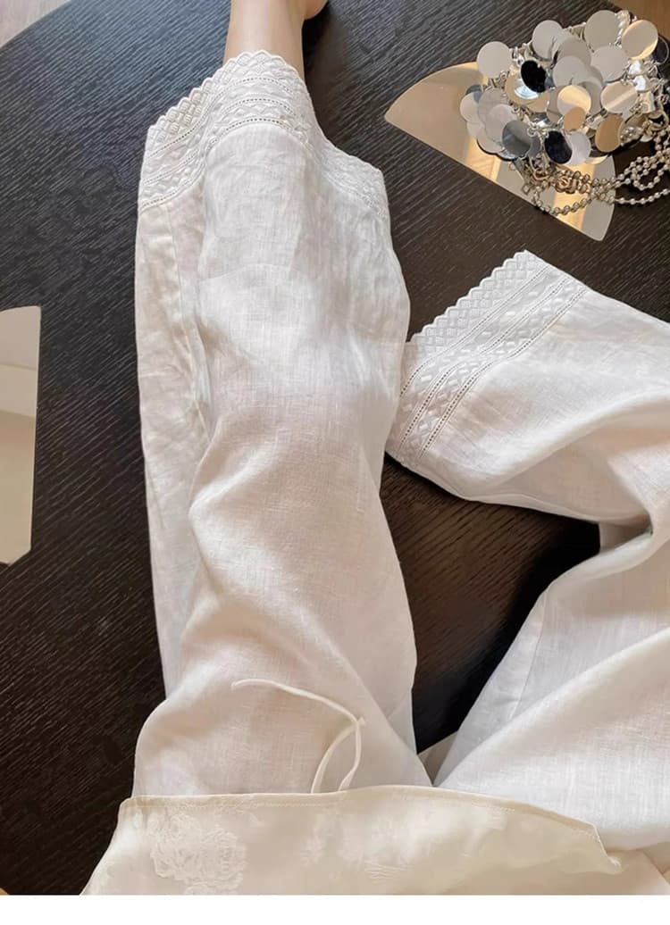 화이트 자수 레이스 아마 와이드 레깅스 바지 여름 얇은 스타일 느긋한 바람 루즈핏 스트레이트 팬츠 품격 슬림해 보이는 캐주얼 바지 이미지 3