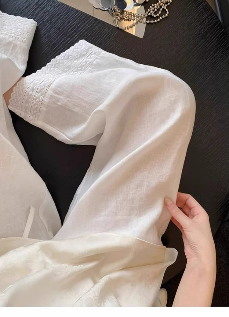 화이트 자수 레이스 아마 와이드 레깅스 바지 여름 얇은 스타일 느긋한 바람 루즈핏 스트레이트 팬츠 품격 슬림해 보이는 캐주얼 바지 이미지 2