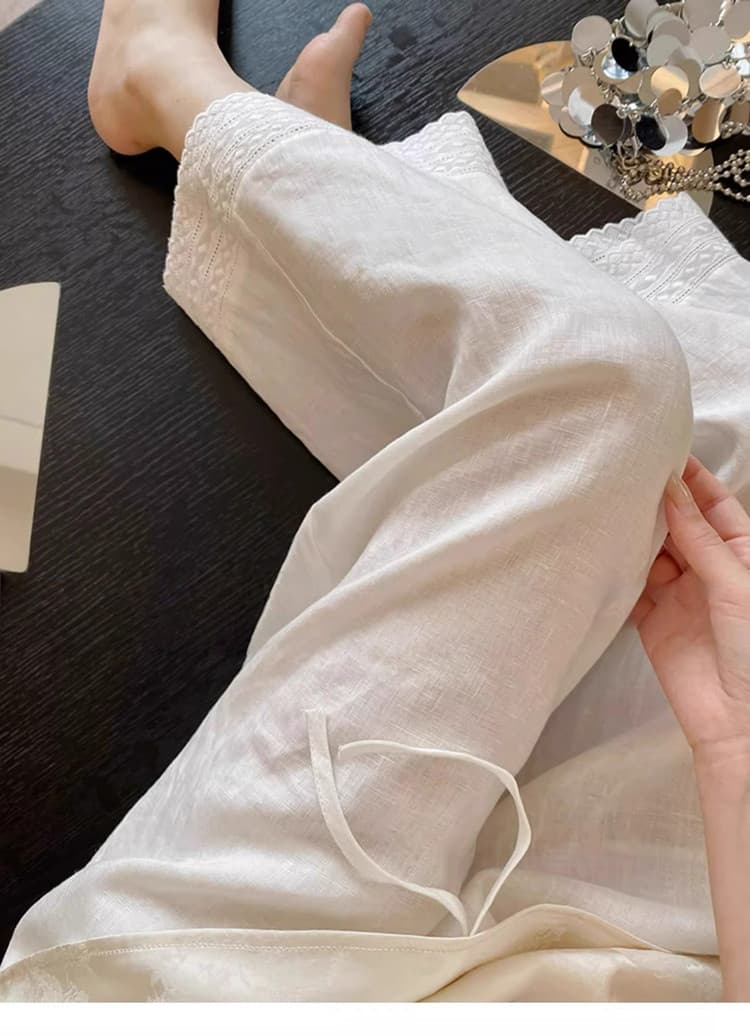 화이트 자수 레이스 아마 와이드 레깅스 바지 여름 얇은 스타일 느긋한 바람 루즈핏 스트레이트 팬츠 품격 슬림해 보이는 캐주얼 바지 이미지 4