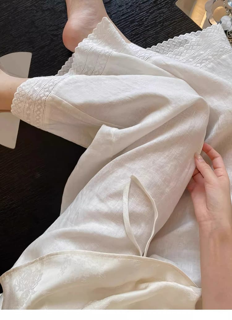 화이트 자수 레이스 아마 와이드 레깅스 바지 여름 얇은 스타일 느긋한 바람 루즈핏 스트레이트 팬츠 품격 슬림해 보이는 캐주얼 바지 상세 이미지 8