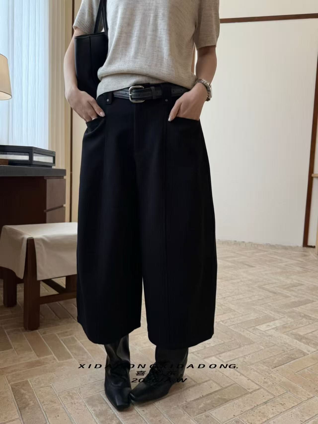 이른 가을 새로운 밴딩 하이웨이스트 루즈핏 캐주얼 슬림해 보이는 넓은 다리 모통이 칼 바지 8 점 바지 여성 상세 이미지 15
