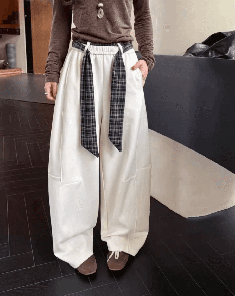 느긋한 바람 루즈핏 슬림해 보이는 다용도 와이드 레그 팬츠 가을 레트로 체크무늬 패치워크 하이웨이스트 캐주얼 모통이 칼 바지 상세 이미지 9