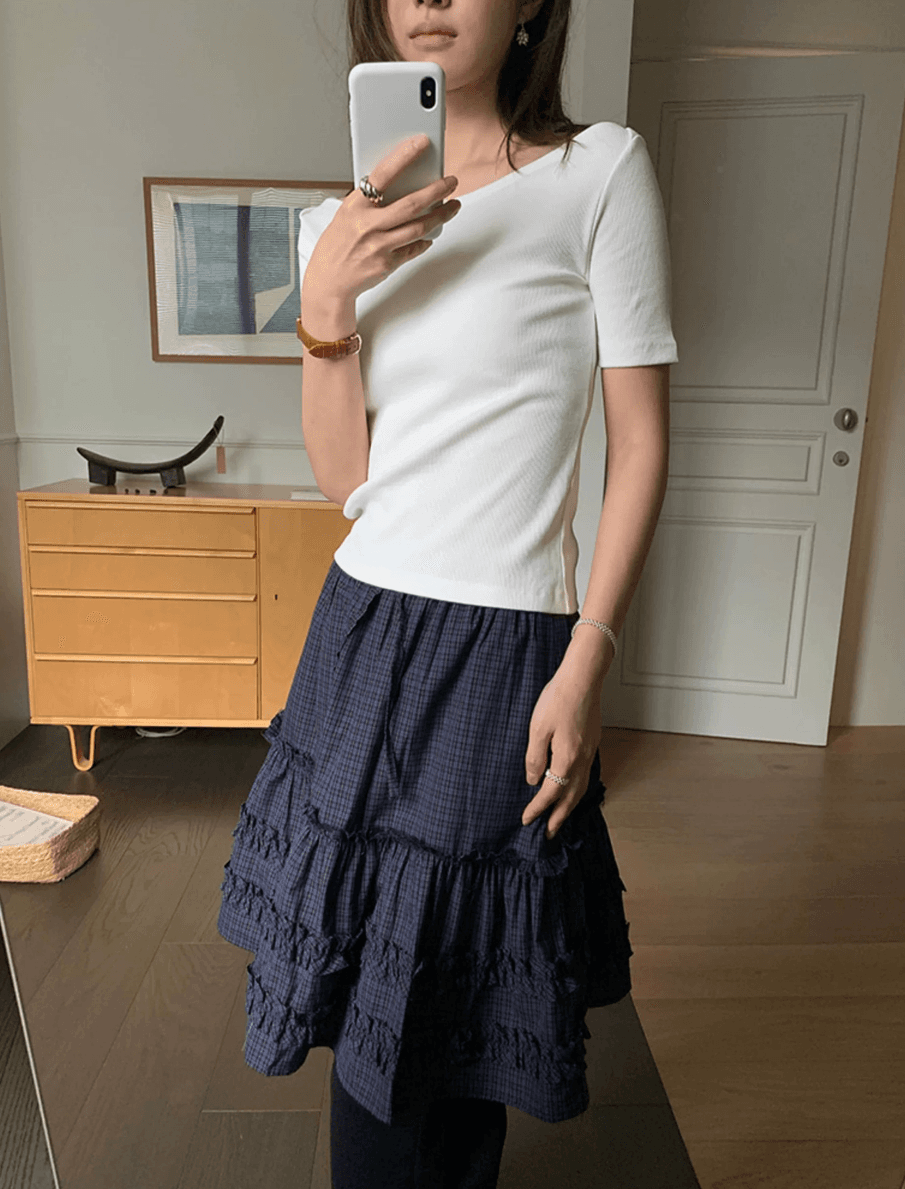 봄 여름 한국 소녀 목이버섯 레이스 펌프 Pleat 작은 격자 반신 스커트 미니 스커트 허리밴드 일본식 학원 스타일 이미지 2