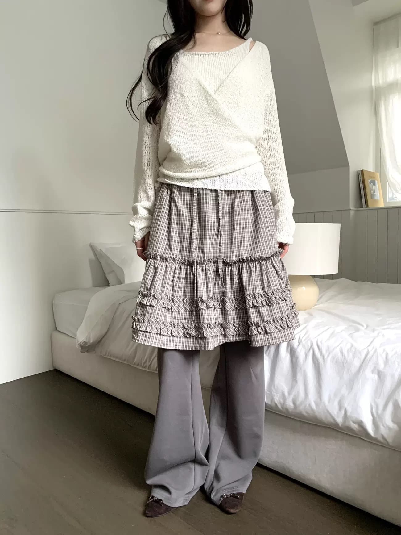 봄 여름 한국 소녀 목이버섯 레이스 펌프 Pleat 작은 격자 반신 스커트 미니 스커트 허리밴드 일본식 학원 스타일 상세 이미지 2