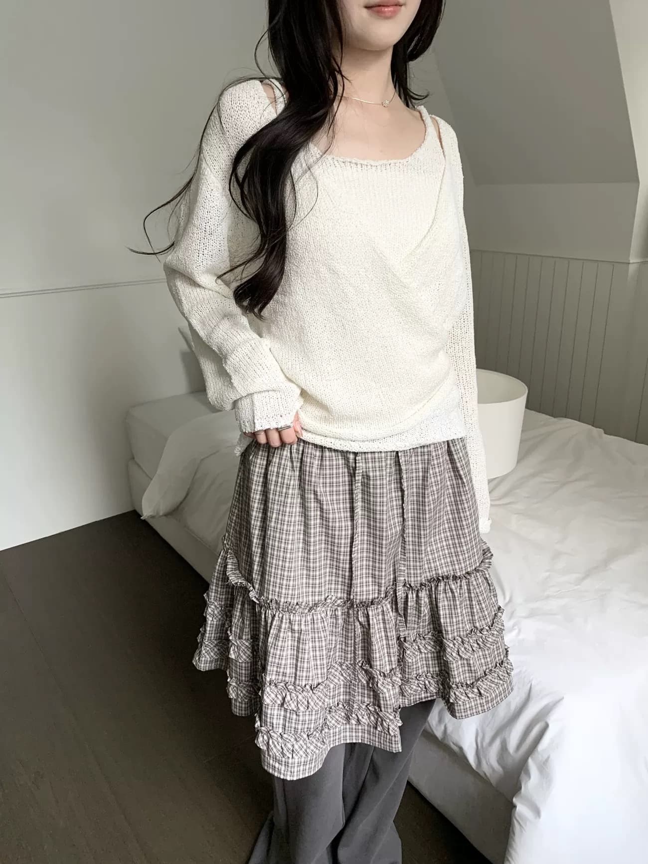 봄 여름 한국 소녀 목이버섯 레이스 펌프 Pleat 작은 격자 반신 스커트 미니 스커트 허리밴드 일본식 학원 스타일 상세 이미지 4