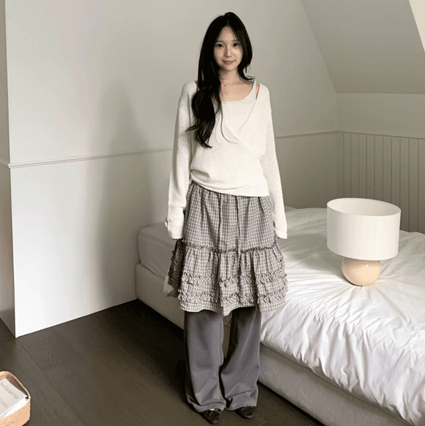 봄 여름 한국 소녀 목이버섯 레이스 펌프 Pleat 작은 격자 반신 스커트 미니 스커트 허리밴드 일본식 학원 스타일 상세 이미지 7