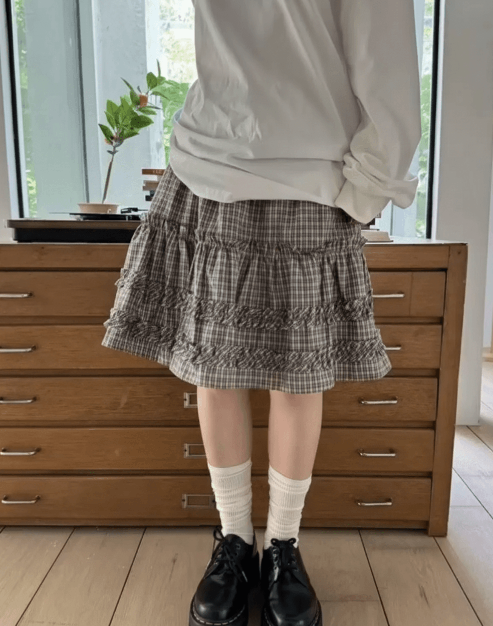 봄 여름 한국 소녀 목이버섯 레이스 펌프 Pleat 작은 격자 반신 스커트 미니 스커트 허리밴드 일본식 학원 스타일 상세 이미지 22