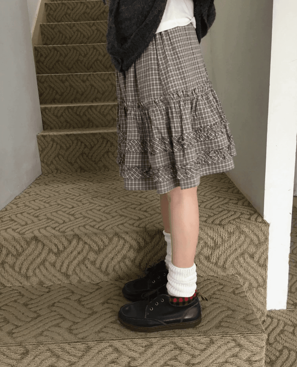 봄 여름 한국 소녀 목이버섯 레이스 펌프 Pleat 작은 격자 반신 스커트 미니 스커트 허리밴드 일본식 학원 스타일 상세 이미지 35