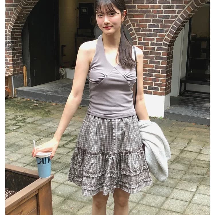 봄 여름 한국 소녀 목이버섯 레이스 펌프 Pleat 작은 격자 반신 스커트 미니 스커트 허리밴드 일본식 학원 스타일 상세 이미지 36