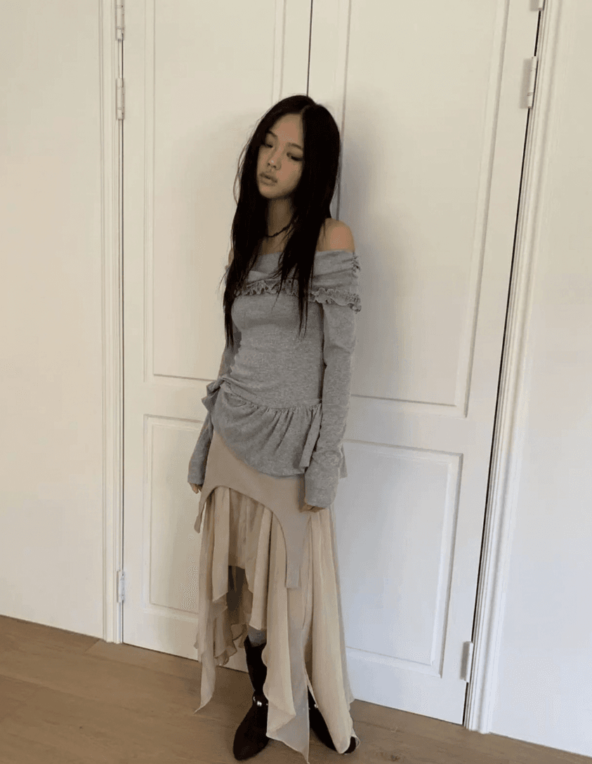 3 색 봄 여름 한국 디자인 ins 오프숄더 보트넥 폴로 칼라 모달 치마 긴팔 티셔츠 맨위 상세 이미지 7