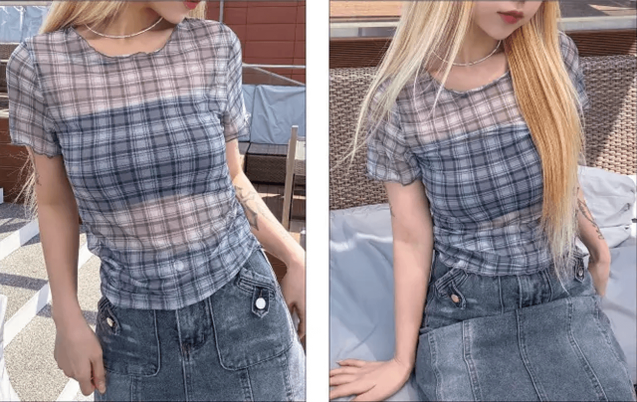 여름 한국 디자인 레트로 체크무늬 망사 프린트 반팔 볼륨 측면 티셔츠 맨위 일본식 소녀 체크무늬 상세 이미지 7