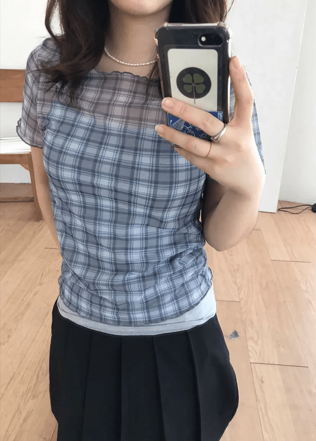여름 한국 디자인 레트로 체크무늬 망사 프린트 반팔 볼륨 측면 티셔츠 맨위 일본식 소녀 체크무늬 상세 이미지 8