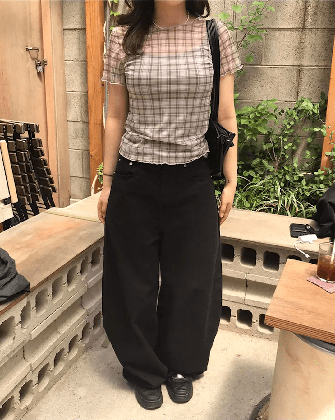 여름 한국 디자인 레트로 체크무늬 망사 프린트 반팔 볼륨 측면 티셔츠 맨위 일본식 소녀 체크무늬 상세 이미지 16