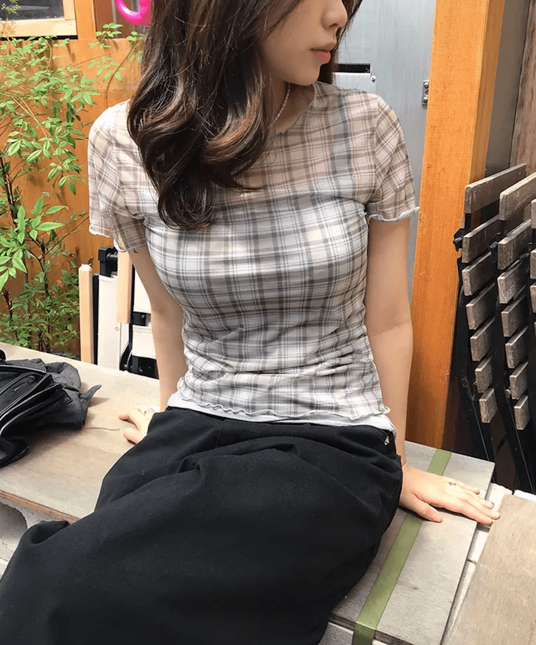 여름 한국 디자인 레트로 체크무늬 망사 프린트 반팔 볼륨 측면 티셔츠 맨위 일본식 소녀 체크무늬 상세 이미지 18