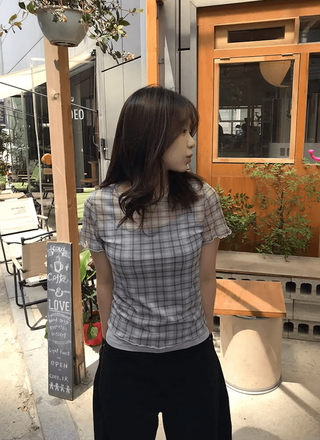 여름 한국 디자인 레트로 체크무늬 망사 프린트 반팔 볼륨 측면 티셔츠 맨위 일본식 소녀 체크무늬 상세 이미지 20