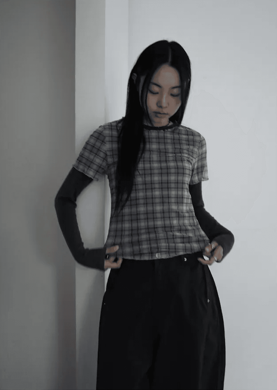 여름 한국 디자인 레트로 체크무늬 망사 프린트 반팔 볼륨 측면 티셔츠 맨위 일본식 소녀 체크무늬 상세 이미지 23