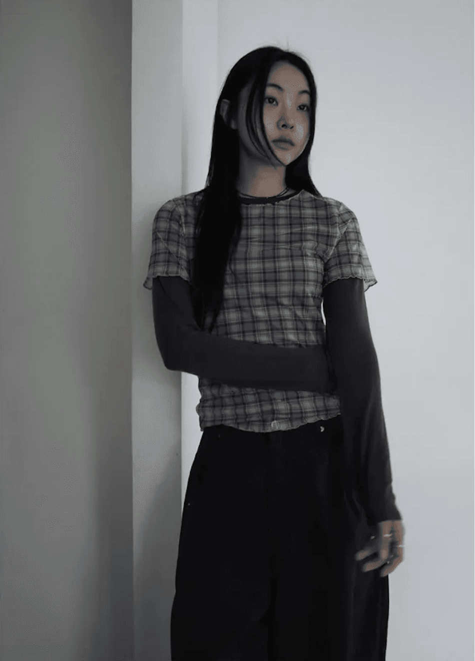 여름 한국 디자인 레트로 체크무늬 망사 프린트 반팔 볼륨 측면 티셔츠 맨위 일본식 소녀 체크무늬 상세 이미지 24