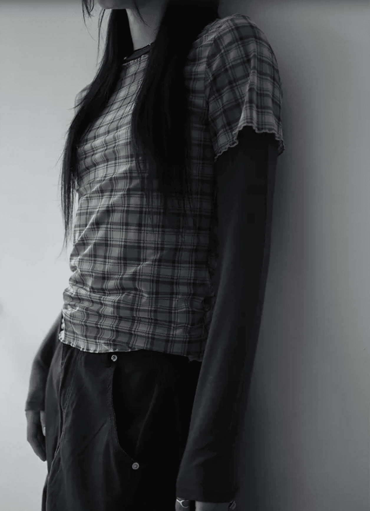 여름 한국 디자인 레트로 체크무늬 망사 프린트 반팔 볼륨 측면 티셔츠 맨위 일본식 소녀 체크무늬 상세 이미지 29