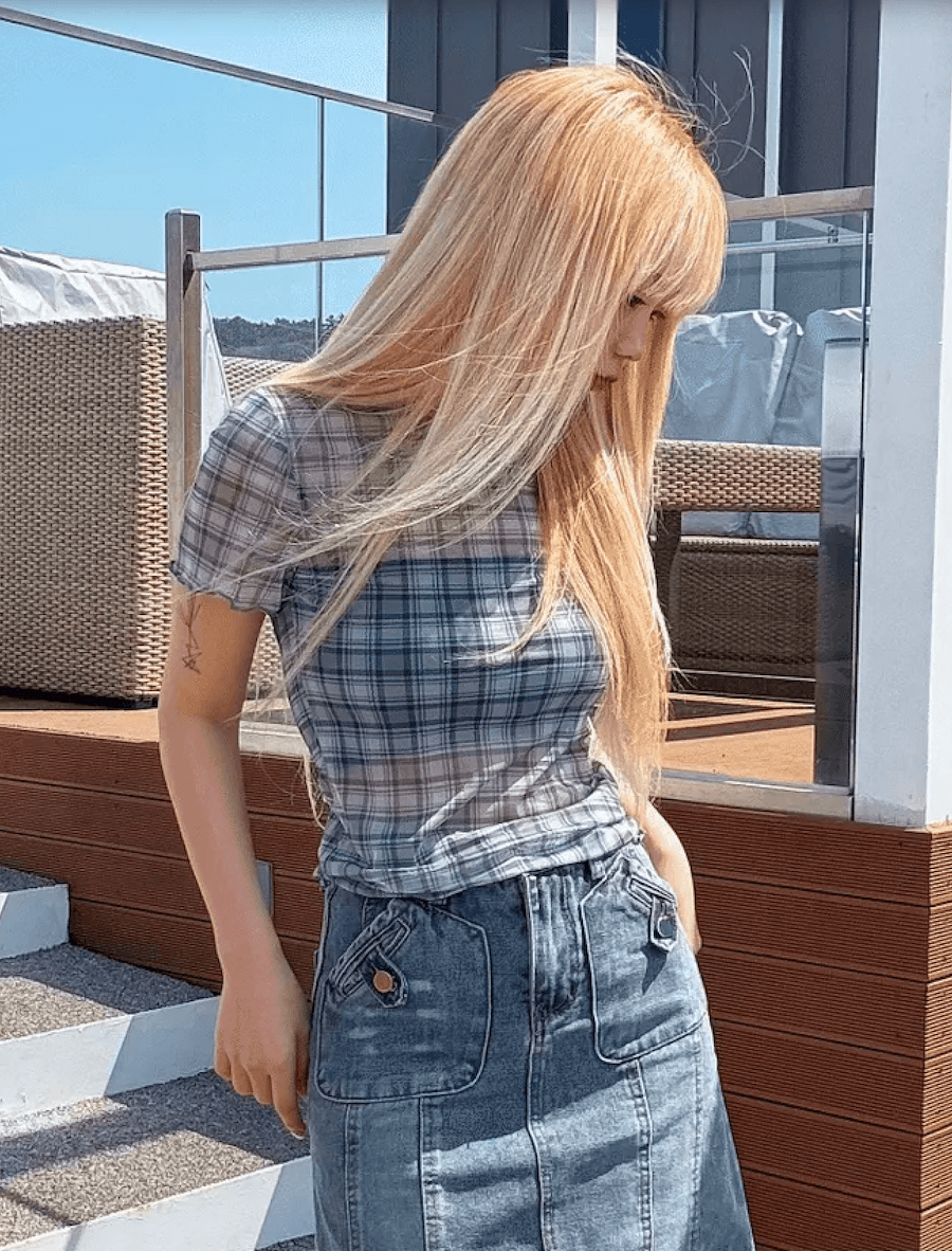 여름 한국 디자인 레트로 체크무늬 망사 프린트 반팔 볼륨 측면 티셔츠 맨위 일본식 소녀 체크무늬 상세 이미지 1