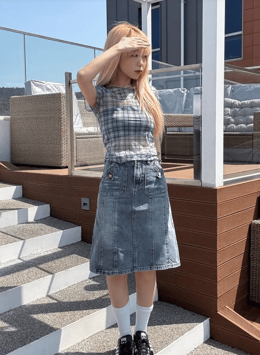 여름 한국 디자인 레트로 체크무늬 망사 프린트 반팔 볼륨 측면 티셔츠 맨위 일본식 소녀 체크무늬 상세 이미지 2