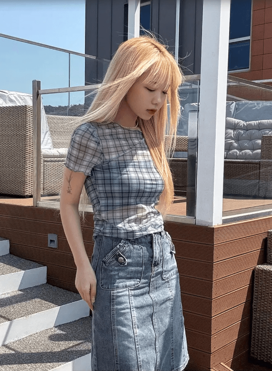 여름 한국 디자인 레트로 체크무늬 망사 프린트 반팔 볼륨 측면 티셔츠 맨위 일본식 소녀 체크무늬 상세 이미지 3