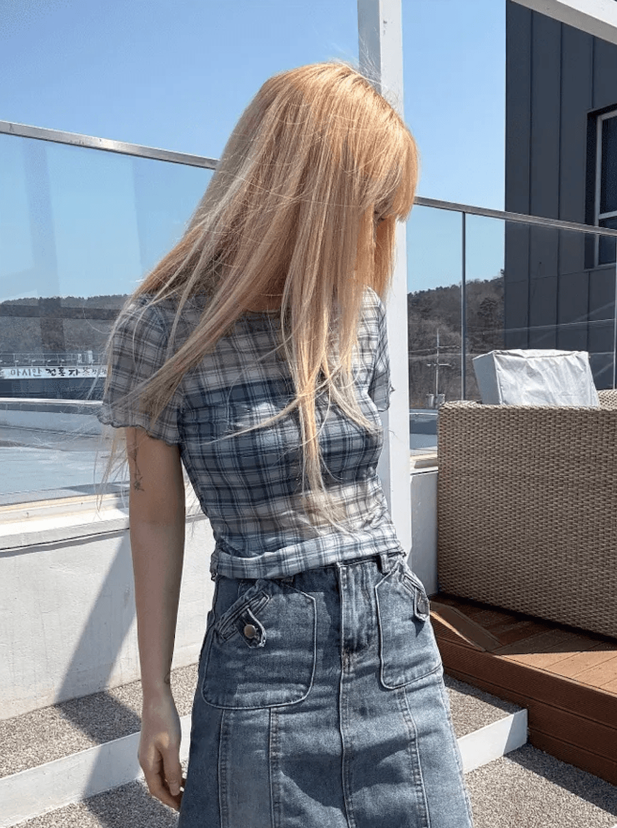 여름 한국 디자인 레트로 체크무늬 망사 프린트 반팔 볼륨 측면 티셔츠 맨위 일본식 소녀 체크무늬 상세 이미지 4