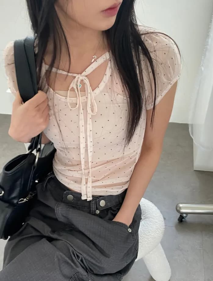 3 색 여름 한국 귀여운 디자인 도트 무늬 프린트 망사 반팔 행침 목 스트랩 레이스업 반팔 티셔츠 맨위 이미지 2