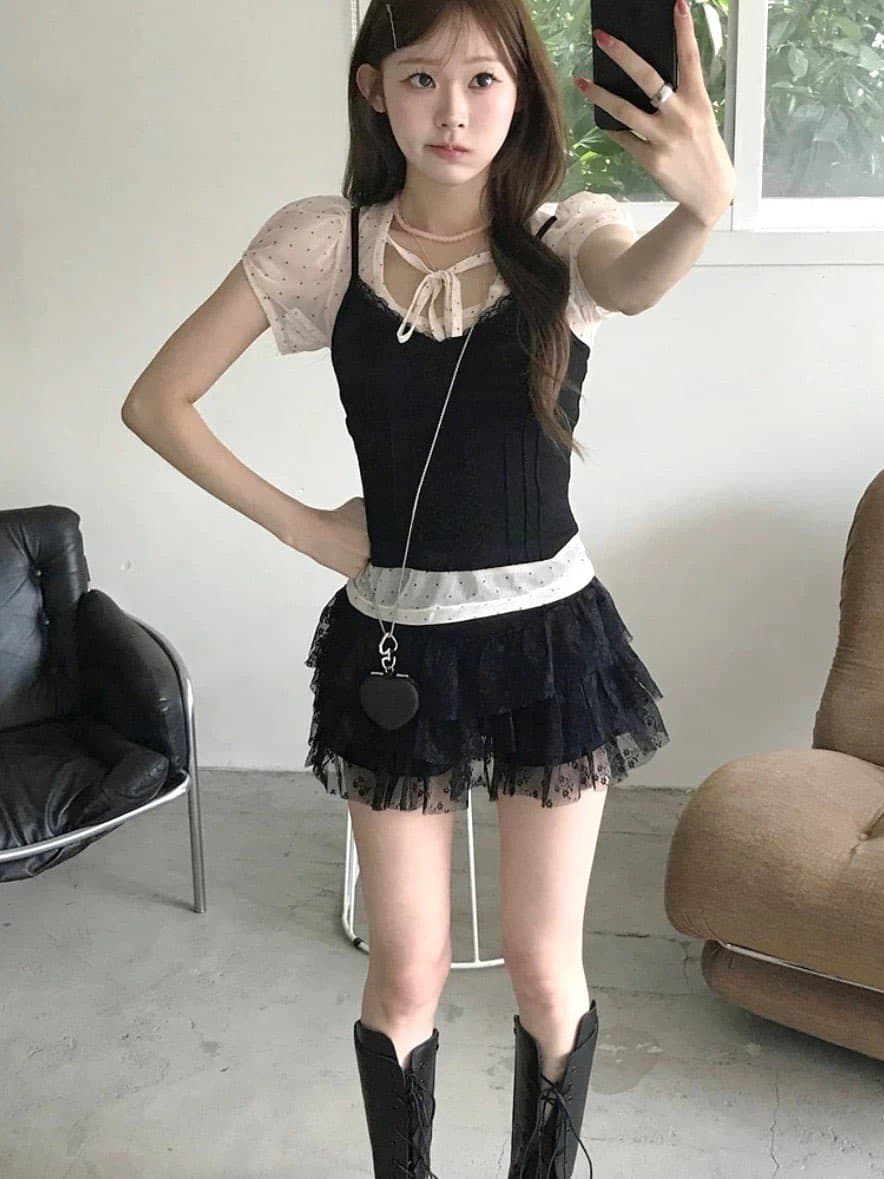 3 색 여름 한국 귀여운 디자인 도트 무늬 프린트 망사 반팔 행침 목 스트랩 레이스업 반팔 티셔츠 맨위 상세 이미지 1