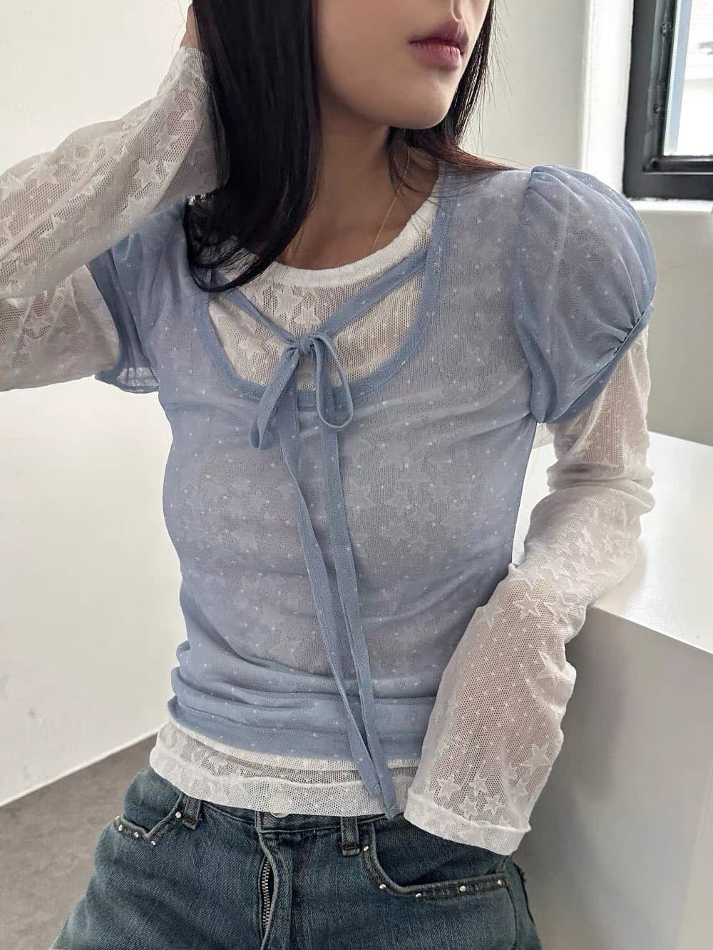 3 색 여름 한국 귀여운 디자인 도트 무늬 프린트 망사 반팔 행침 목 스트랩 레이스업 반팔 티셔츠 맨위 상세 이미지 6