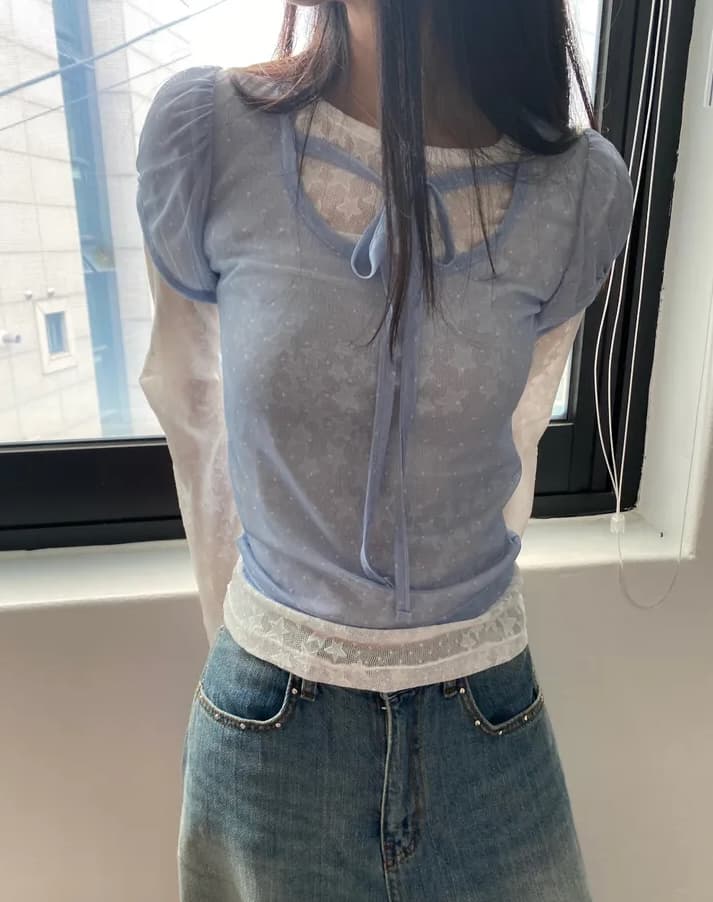3 색 여름 한국 귀여운 디자인 도트 무늬 프린트 망사 반팔 행침 목 스트랩 레이스업 반팔 티셔츠 맨위 상세 이미지 16