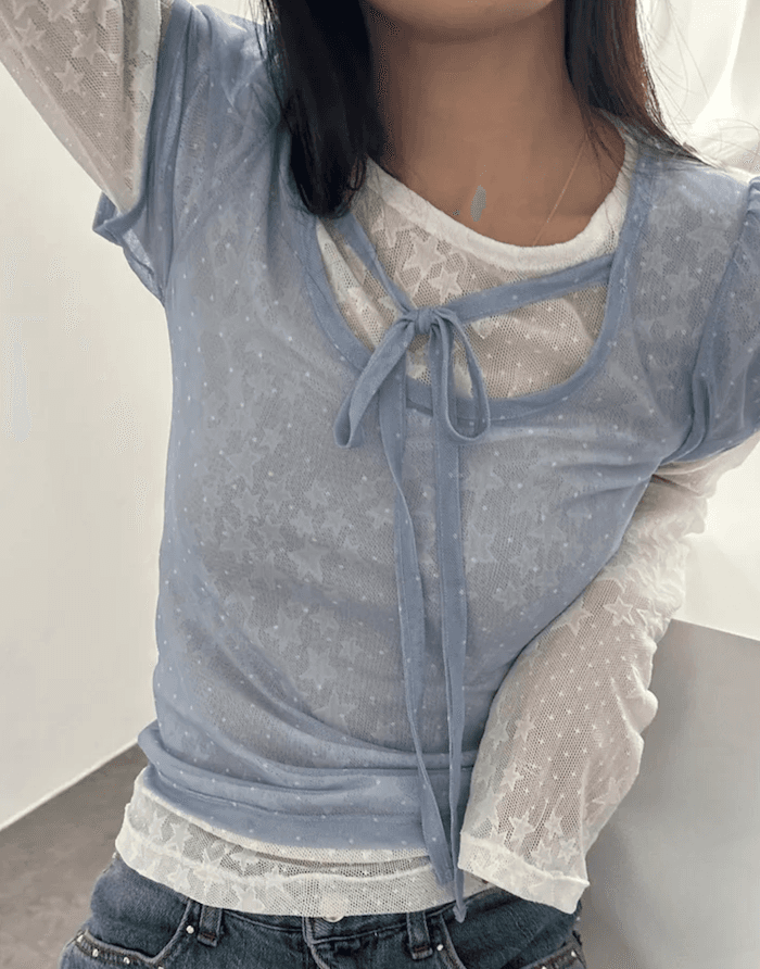 3 색 여름 한국 귀여운 디자인 도트 무늬 프린트 망사 반팔 행침 목 스트랩 레이스업 반팔 티셔츠 맨위 상세 이미지 20