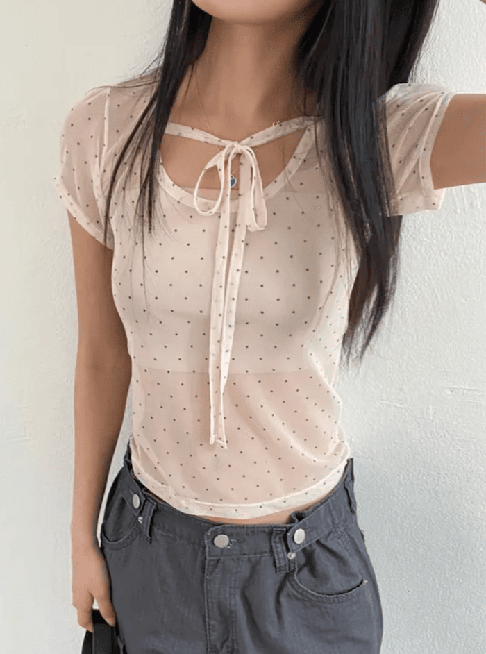 3 색 여름 한국 귀여운 디자인 도트 무늬 프린트 망사 반팔 행침 목 스트랩 레이스업 반팔 티셔츠 맨위 상세 이미지 21