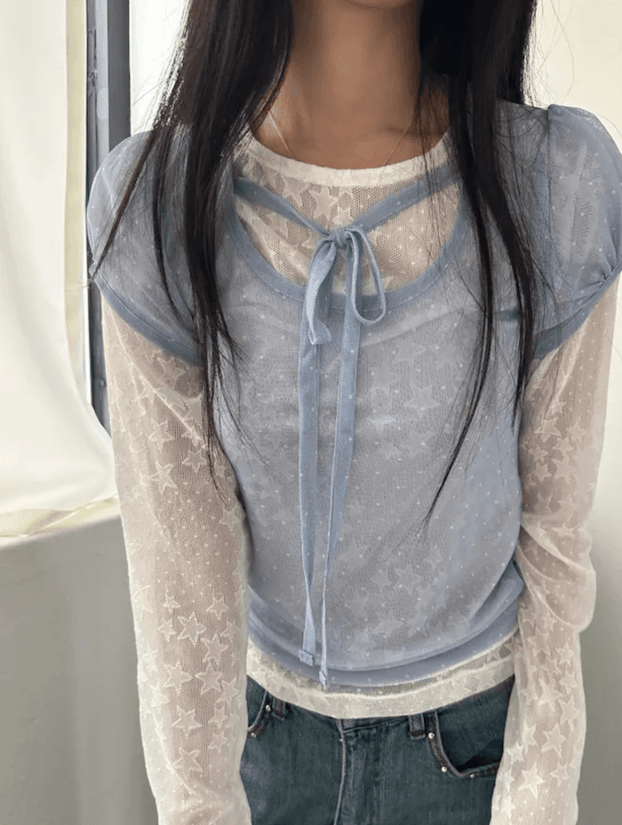 3 색 여름 한국 귀여운 디자인 도트 무늬 프린트 망사 반팔 행침 목 스트랩 레이스업 반팔 티셔츠 맨위 상세 이미지 22