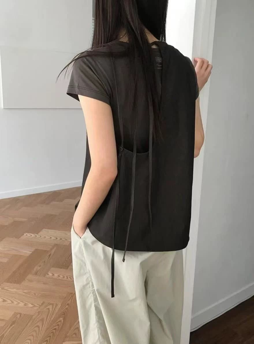 5 색 입력 한국 ins 단색 뒤에 홀로우 아웃 레이스업 스트랩 비대칭 트임 민소매 조끼 차가운 일본식 이미지 3