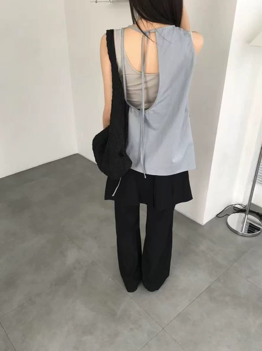 5 색 입력 한국 ins 단색 뒤에 홀로우 아웃 레이스업 스트랩 비대칭 트임 민소매 조끼 차가운 일본식 상세 이미지 1