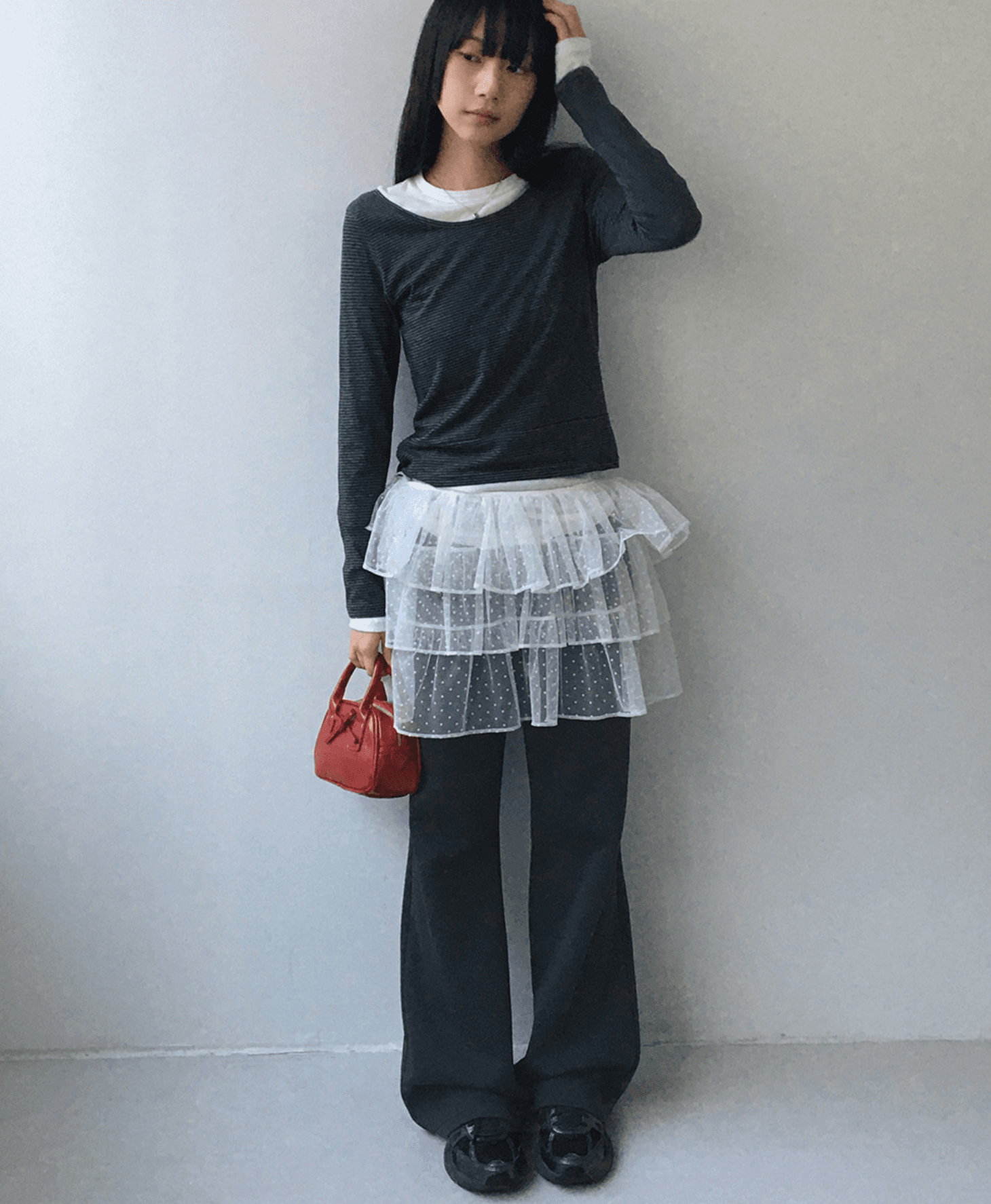 2 색 입력 새로운 한국 귀여운 소녀 도트 무늬 망사 다중 레이어 프릴 패치워크 레이스업 미니 스커트 반신 스커트 상세 이미지 4
