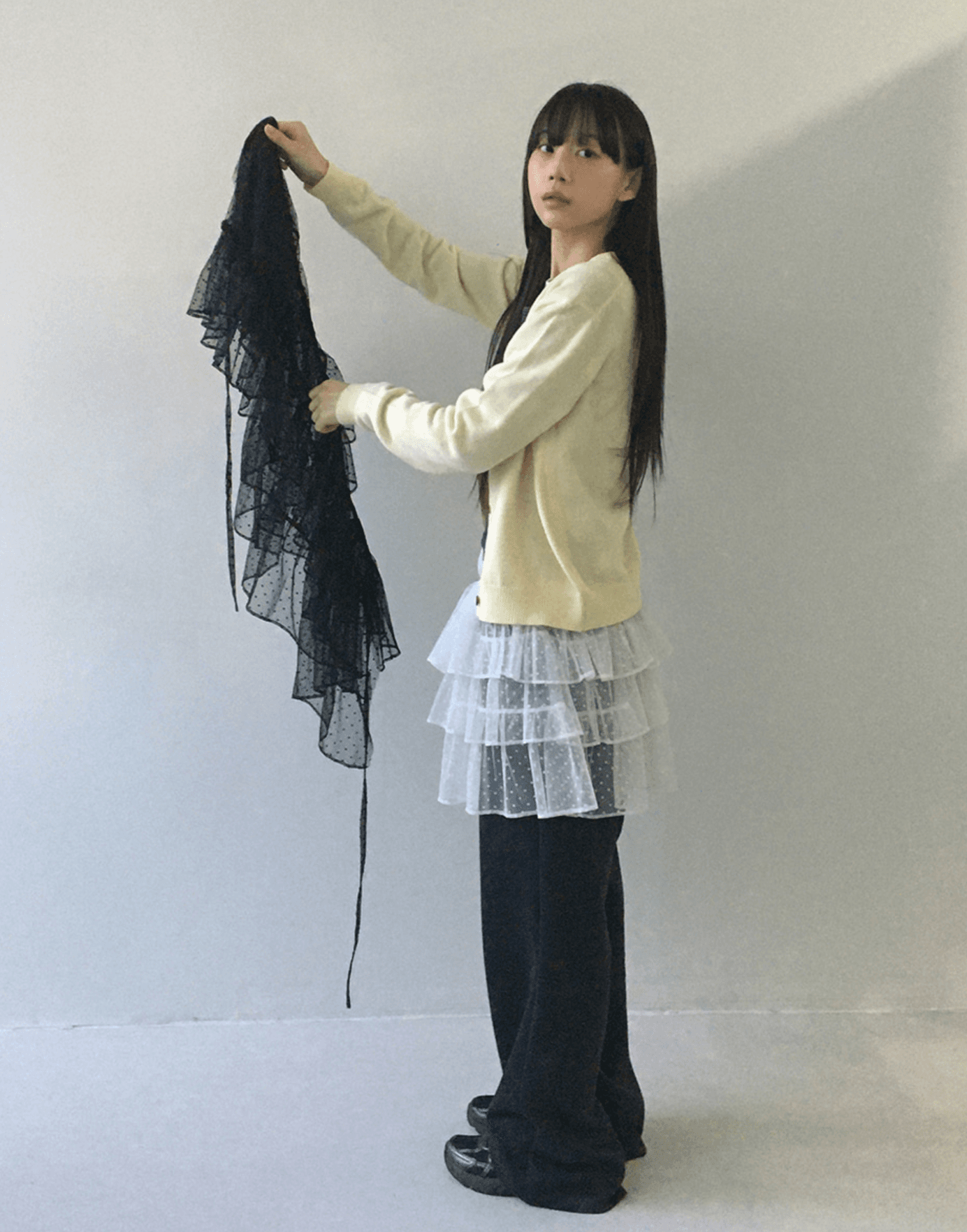 2 색 입력 새로운 한국 귀여운 소녀 도트 무늬 망사 다중 레이어 프릴 패치워크 레이스업 미니 스커트 반신 스커트 상세 이미지 6