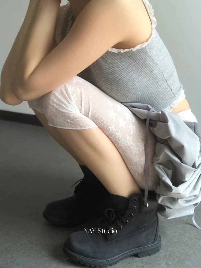 2 색 입력 한국 레트로 밀레니엄 오각형 별 3 차원 자카드 레이스 레깅스 인사이드 가져 가라. 7 분 바지 일본식 상세 이미지 6