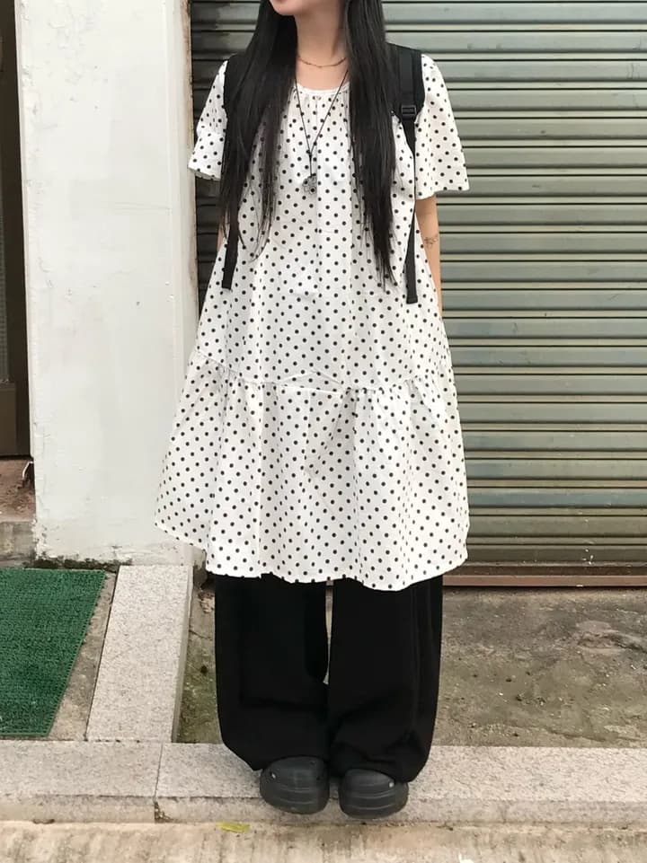 2 색 여름 한국 소녀 레트로 도트 도트 무늬 프린트 반팔 루즈핏 드레스 인형 치마 일본식 상세 이미지 2