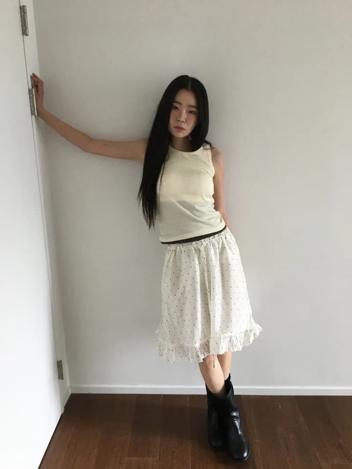 3 색 새로운 한국 디자인 작은 도트 무늬 프린트 광택 레이스 우산 치마 반신 스커트 귀여운 중간 스커트 일본식 상세 이미지 10