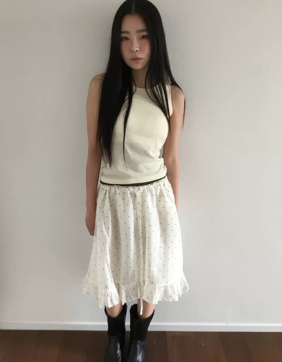 3 색 새로운 한국 디자인 작은 도트 무늬 프린트 광택 레이스 우산 치마 반신 스커트 귀여운 중간 스커트 일본식 상세 이미지 42