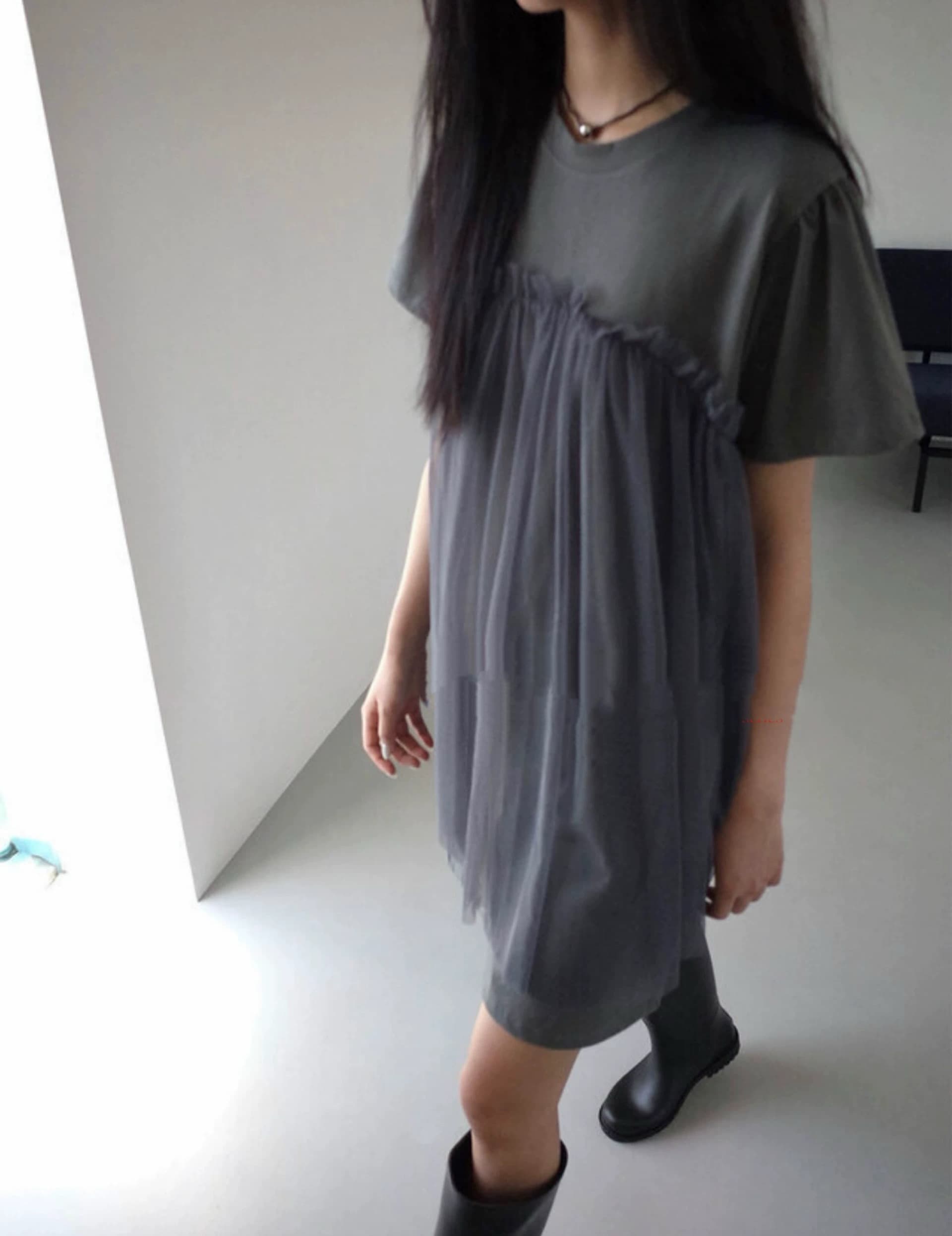 3 색 여름 한국 디자인 단색 패치워크 망사 소녀 바람 반팔 루즈핏 드레스 가짜 둘 일본식 이미지 2