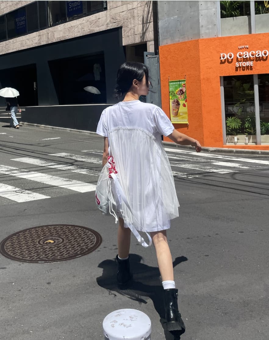 3 색 여름 한국 디자인 단색 패치워크 망사 소녀 바람 반팔 루즈핏 드레스 가짜 둘 일본식 상세 이미지 15